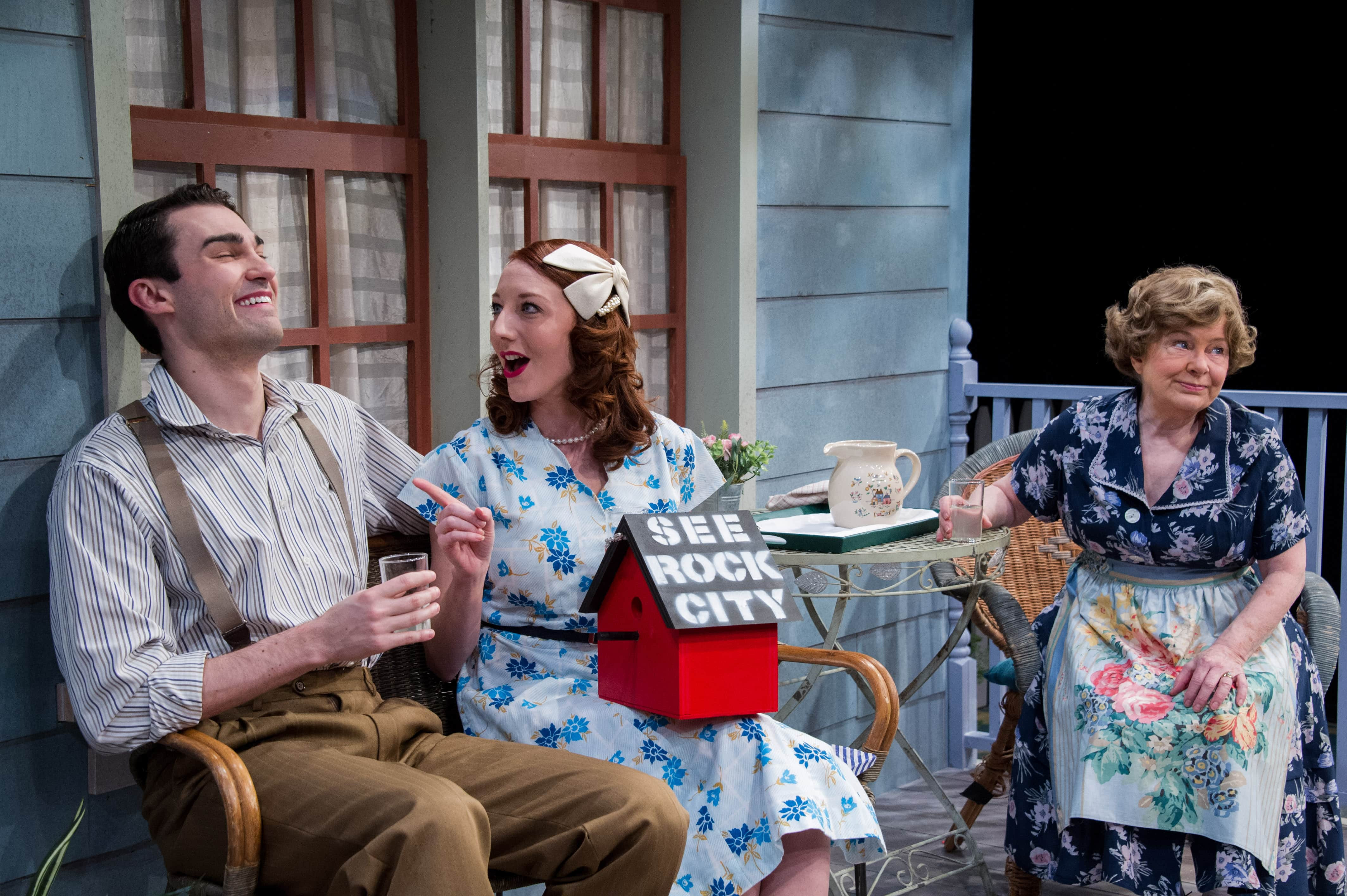 Lexi Langs as May, Wood Van Meter as Raleigh, and Lynn Steinmetz as Mrs. Gill in See Rock City at Washington Stage Guild, showcasing the family dynamics and porch setting.