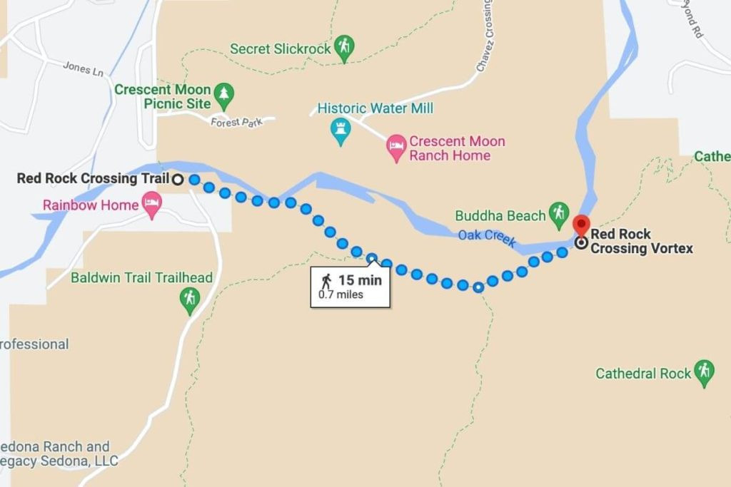 A detailed trail map of Red Rock Crossing Sedona, highlighting the various paths and landmarks in the area.