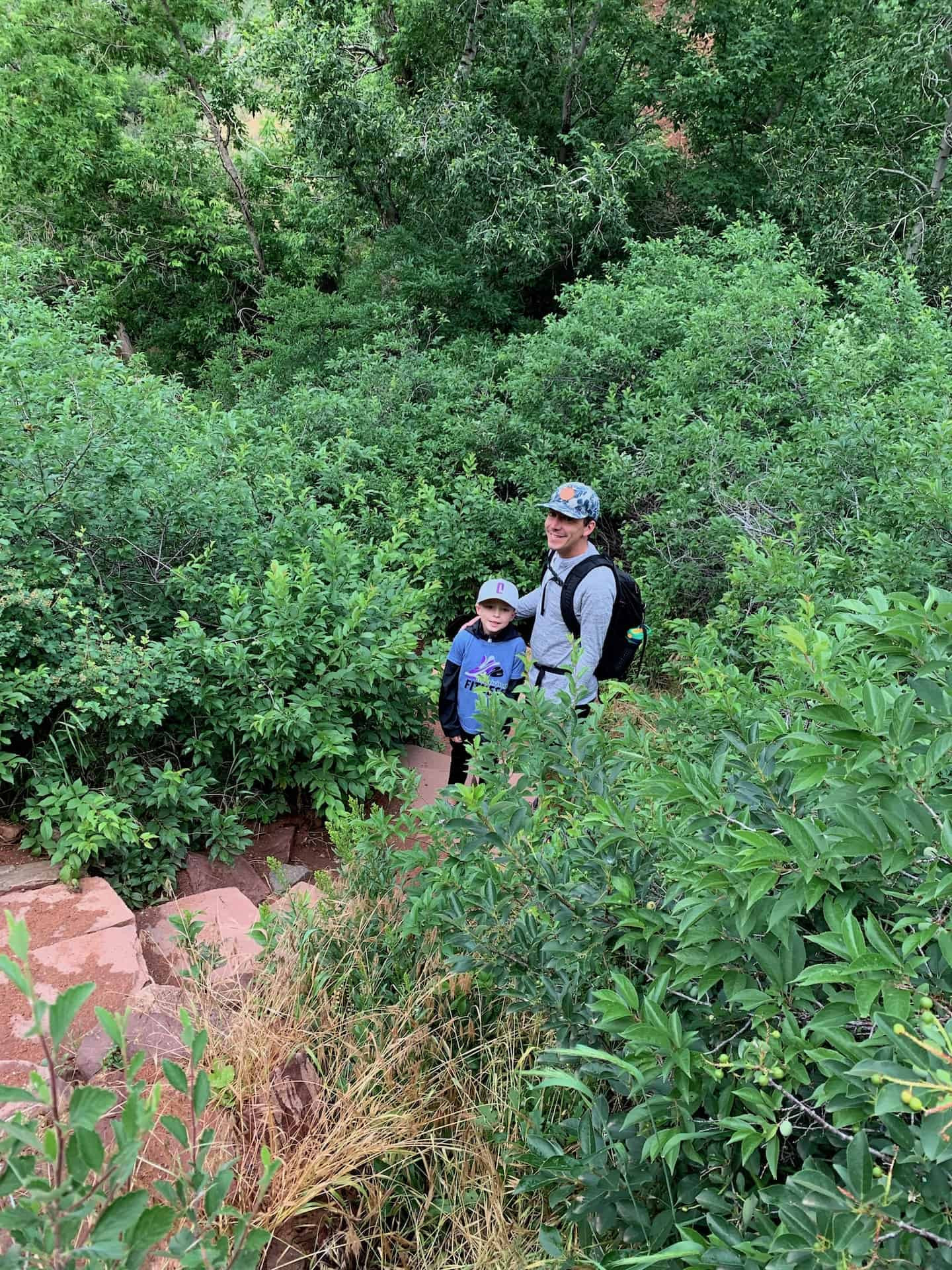 Lush greenery contrasting with red rocks on the Trading Post Trail in Denver