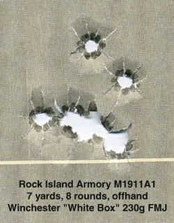 Rock Island Armory 1911 Accuracy Test: 7-yard target showing tight shot group