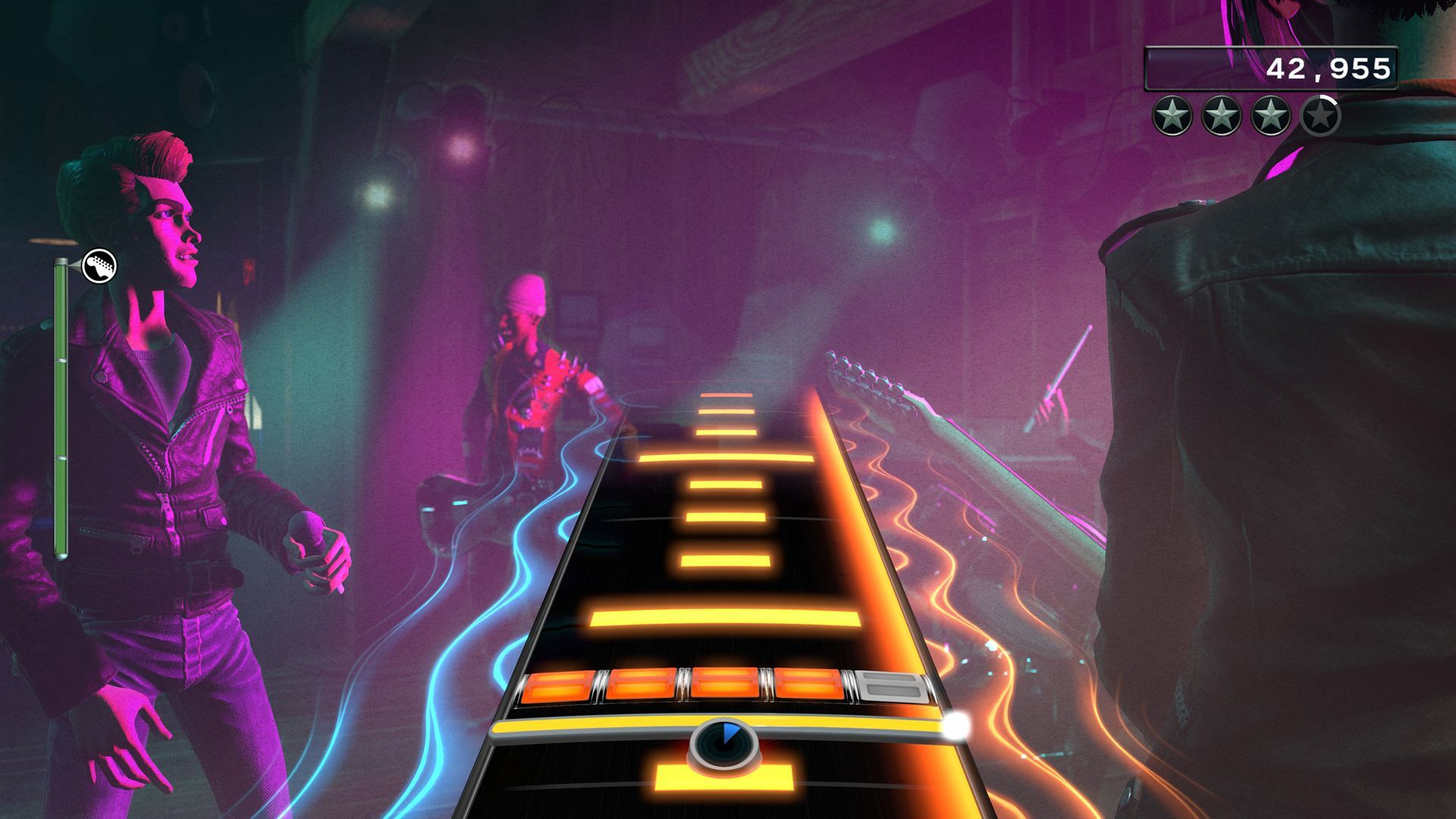 Rock Band 4 gameplay featuring the classic five-button highway.