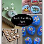 Rock painting supplies: rocks, paint, brushes, and sealant.