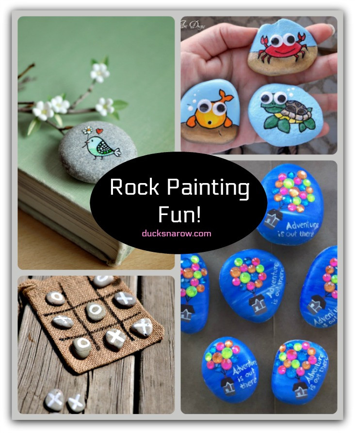 Rock painting supplies: rocks, paint, brushes, and sealant.