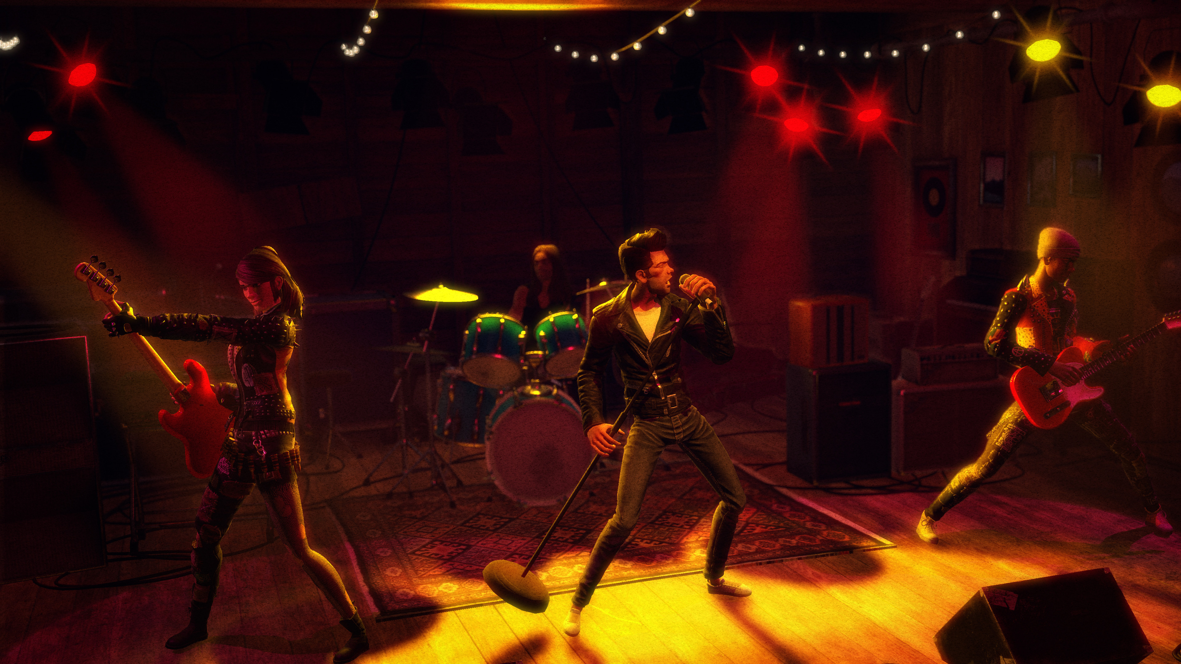 alt text: Close up of Rock Band instruments including guitar, drums, and microphone