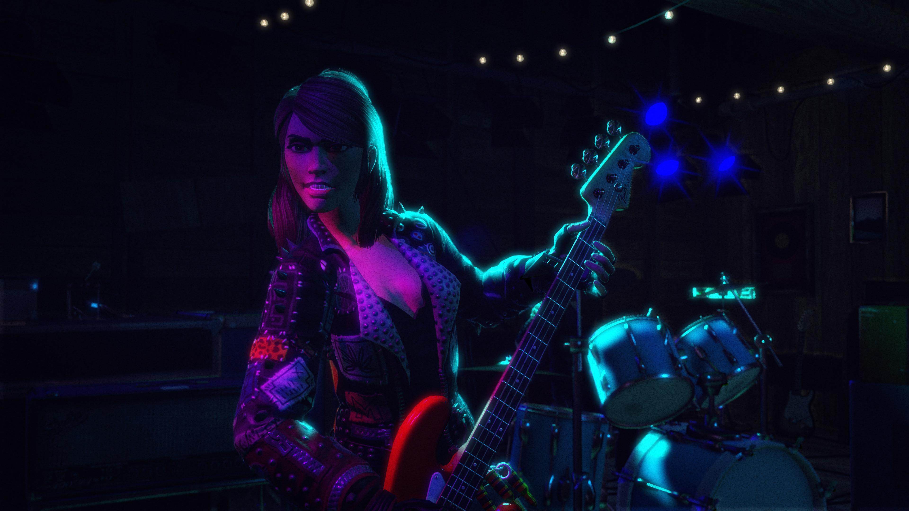 alt text: rock band gameplay with band members playing instruments and singing