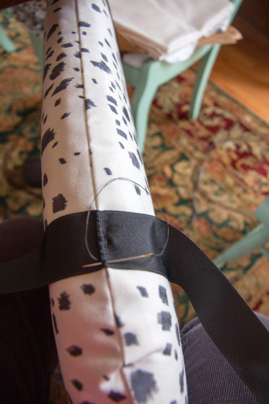 Rocking chair cushions with ribbon ties in place, demonstrating the finished look with ribbon ties