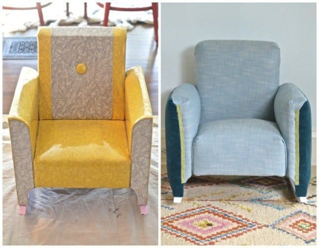 Before and after comparison of the kids rocking chair, highlighting the dramatic improvement after reupholstering.