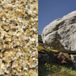 Various sizes of rocks, from sand grains to a car-sized boulder, illustrating the broad range in rock dimensions.