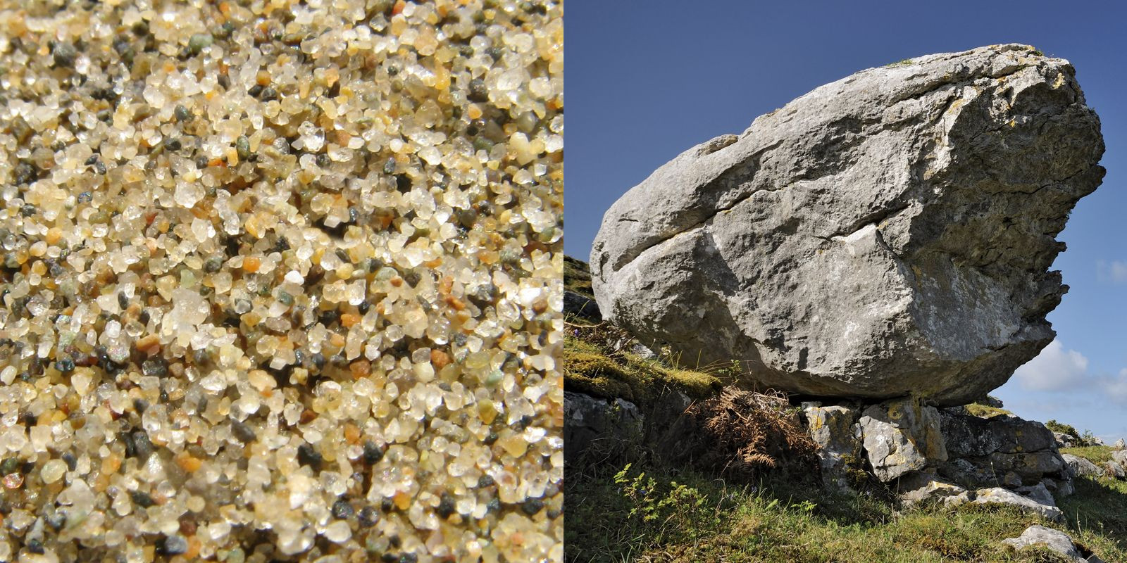 Various sizes of rocks, from sand grains to a car-sized boulder, illustrating the broad range in rock dimensions.