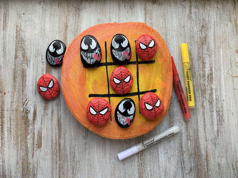 Spiderman Tic Tac Toe Rock Painting Ideas for Comic Book Games