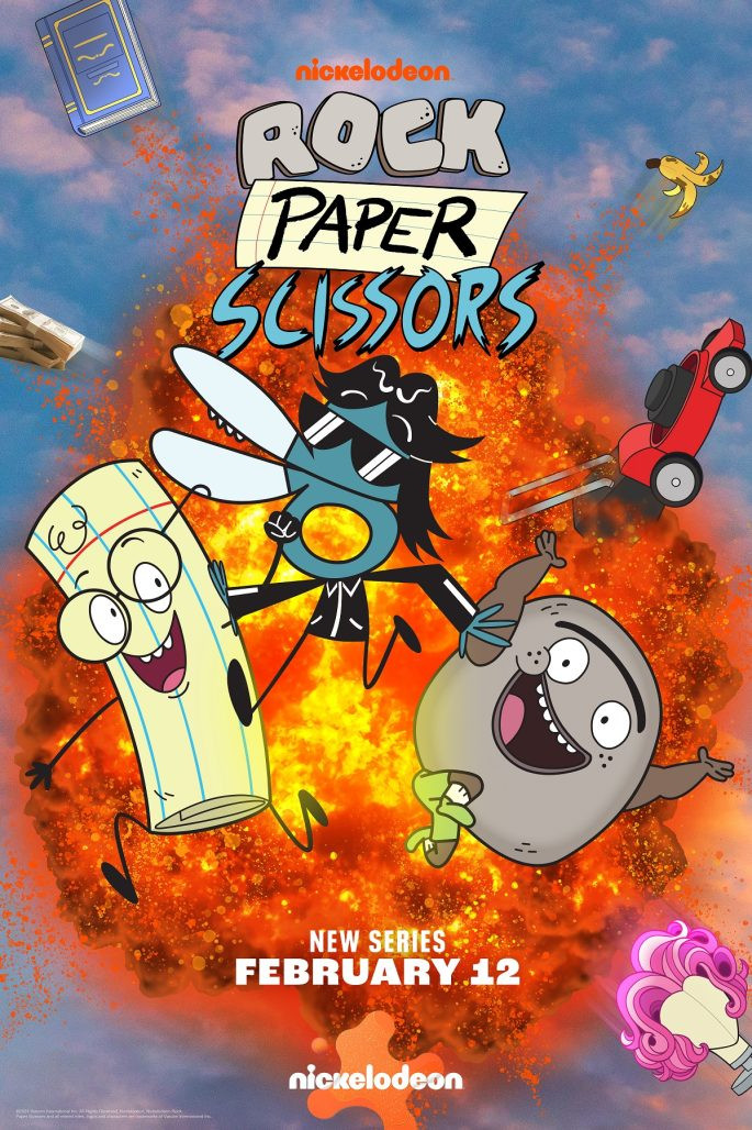 alt text: Key art for the Rock Paper Scissors Nickelodeon Show featuring the main characters in action poses