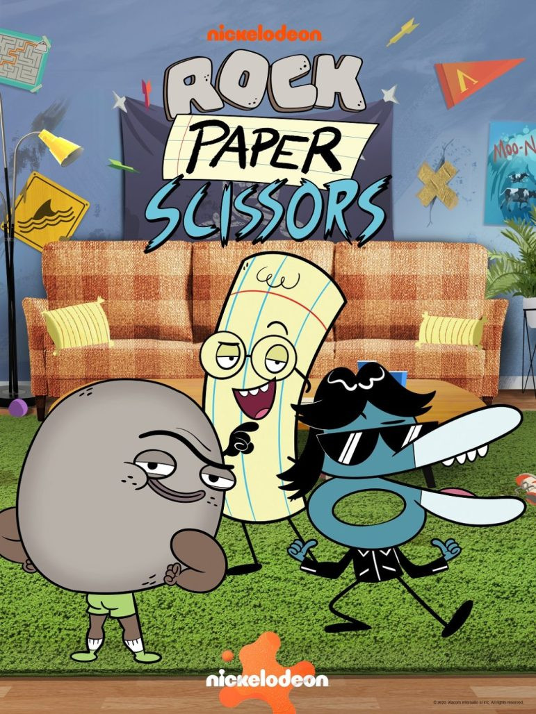 alt text: Promotional poster for the Rock Paper Scissors Nickelodeon show featuring the main characters