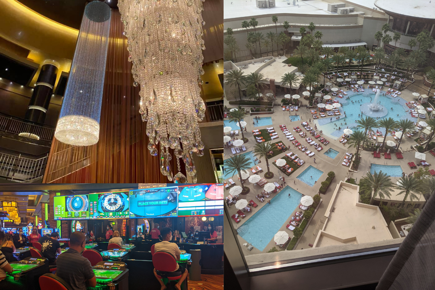 The lobby of the Red Rocks Resort, Gambling from the casino floor, a view of the Red Rocks Resort pool from the tower rooms