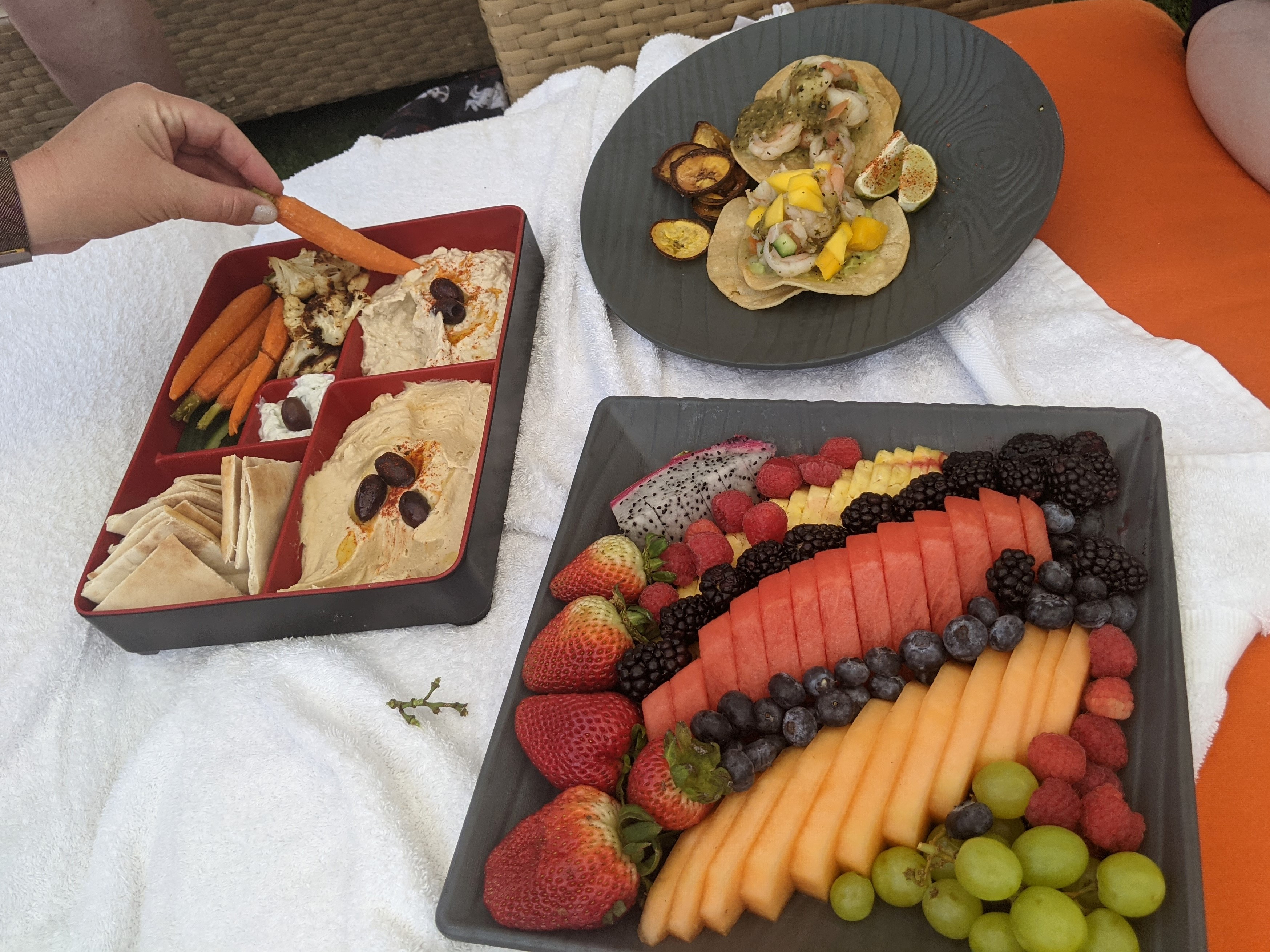 Snacks from the Sandbar Grille including a fruit tray, a Mediterranean platter, and shrimp tacos