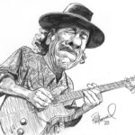 alt text: A rock drawing caricature of Carlos Santana playing his guitar with a focused expression.