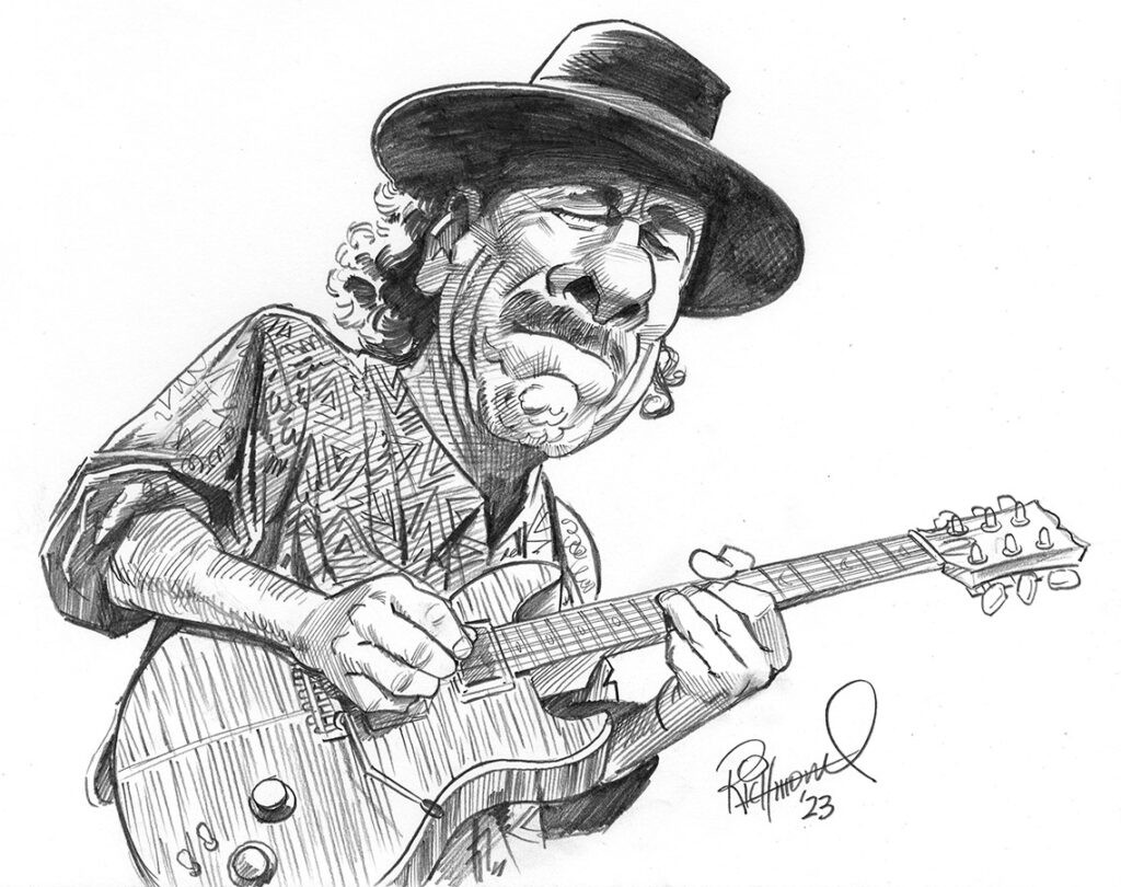 alt text: A rock drawing caricature of Carlos Santana playing his guitar with a focused expression.