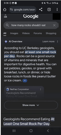 Screenshot of Google AI Overview result mentioning rock eating