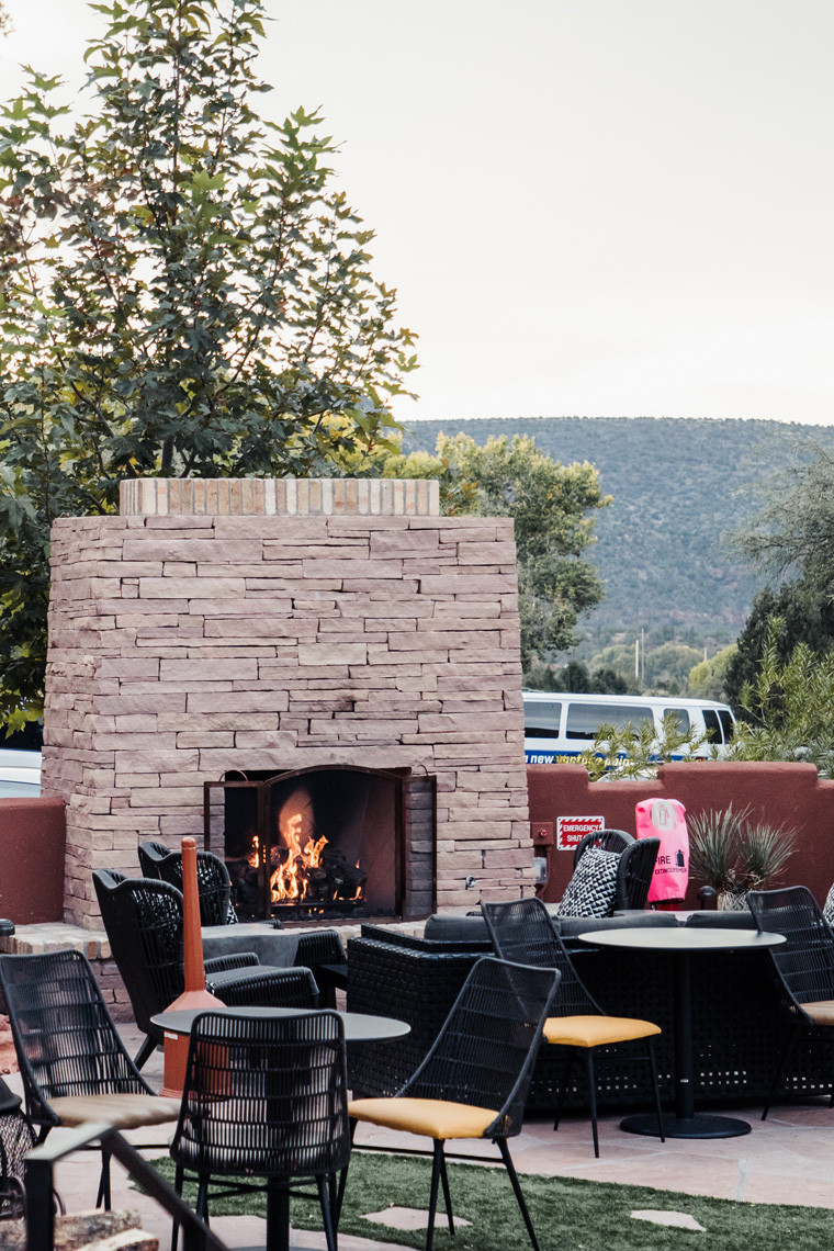 Outdoor fireplace and comfortable seating on the patio at Hilton Sedona Resort at Bell Rock