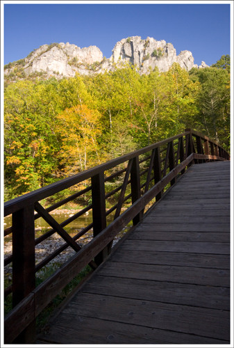 Arched bridge marking the start of the Seneca Rocks hiking trail