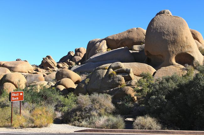 Skull Rock in Joshua Tree National Park, resembling a human skull.