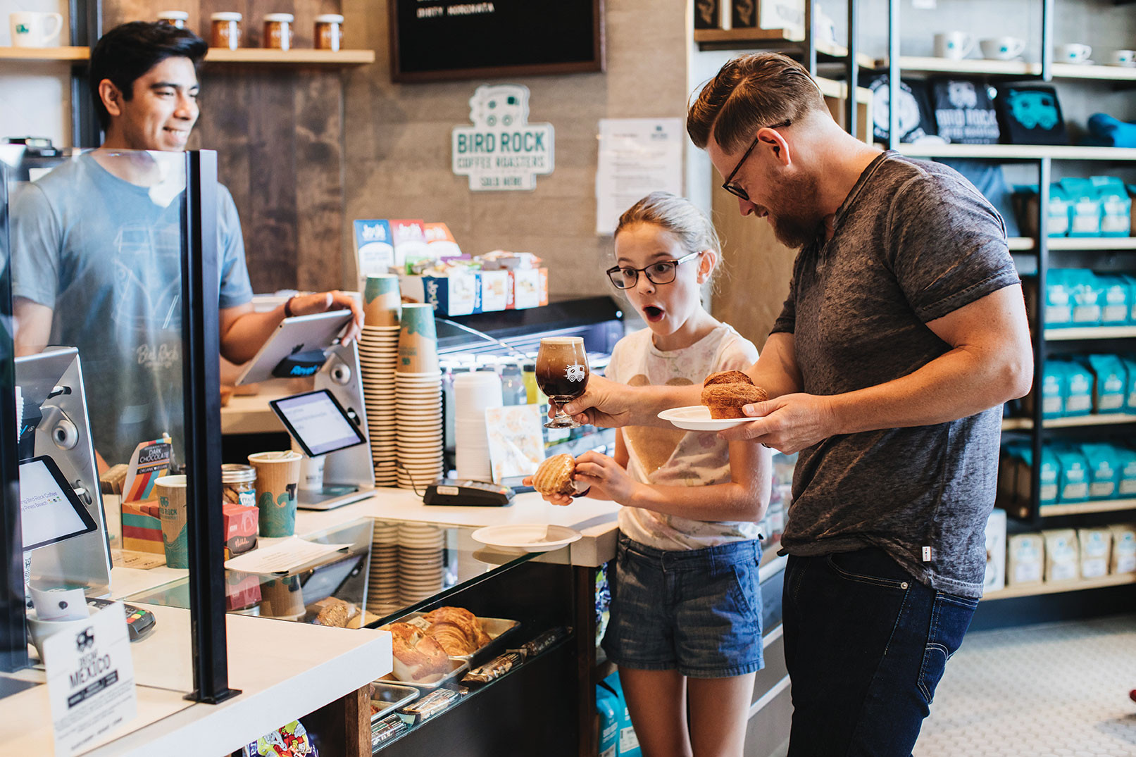 Richard Blais enjoys nitro cold brew coffee at Bird Rock Coffee Roasters Torrey Pines with his daughter.