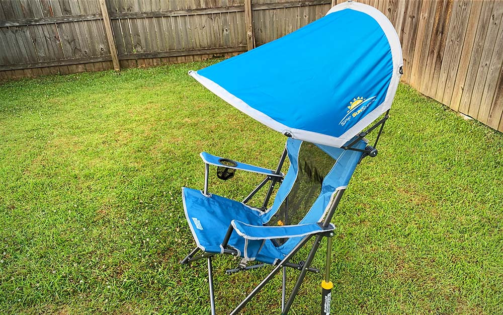 The GCI Sunshade Rocker provides excellent sun protection and conveniently folds down for easy storage and transport.