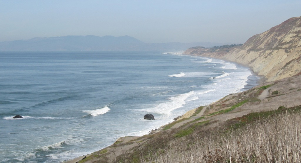 View north from Mussel Rock towards Mount Tamalpais and the curving coastline