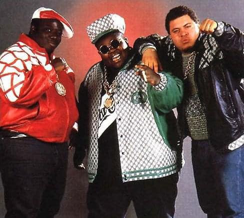 The Fat Boys group portrait featuring Prince Markie Dee, Kool Rock-Ski, and Buff Love in their signature style