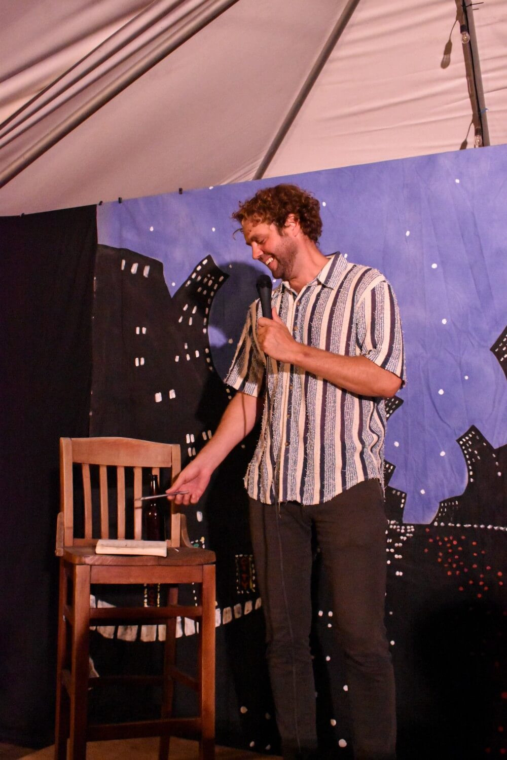 Guest comedian Brooks Wheelan performing stand-up at &quot;The Monday Show&quot; inside Señor Fish in Eagle Rock, California.