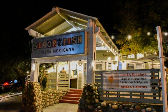 Exterior of Señor Fish restaurant in Eagle Rock, CA, showcasing its inviting facade before "The Monday Show" comedy event.