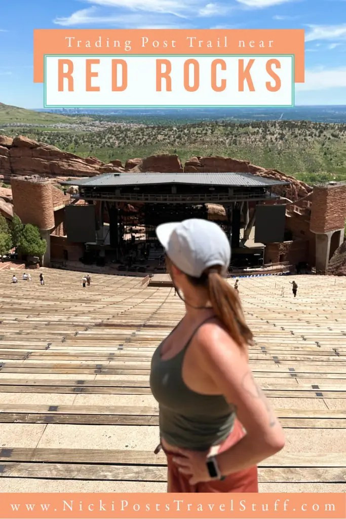 Pinterest pin image for the Trading Post Trail at Red Rocks, Colorado, highlighting red rock scenery.