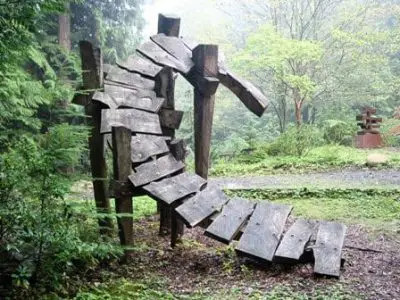 Sculpture titled Turn displayed in the garden setting of Big Rock Park