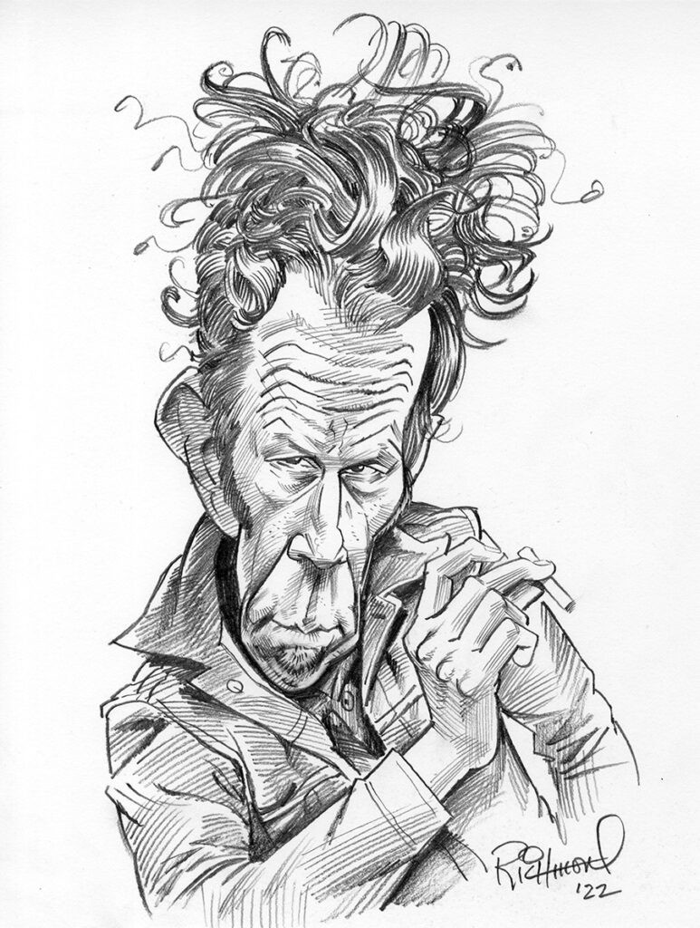 alt text: Rock drawing caricature of Tom Waits with exaggerated facial features and a gravelly expression, reflecting his unique musical style.