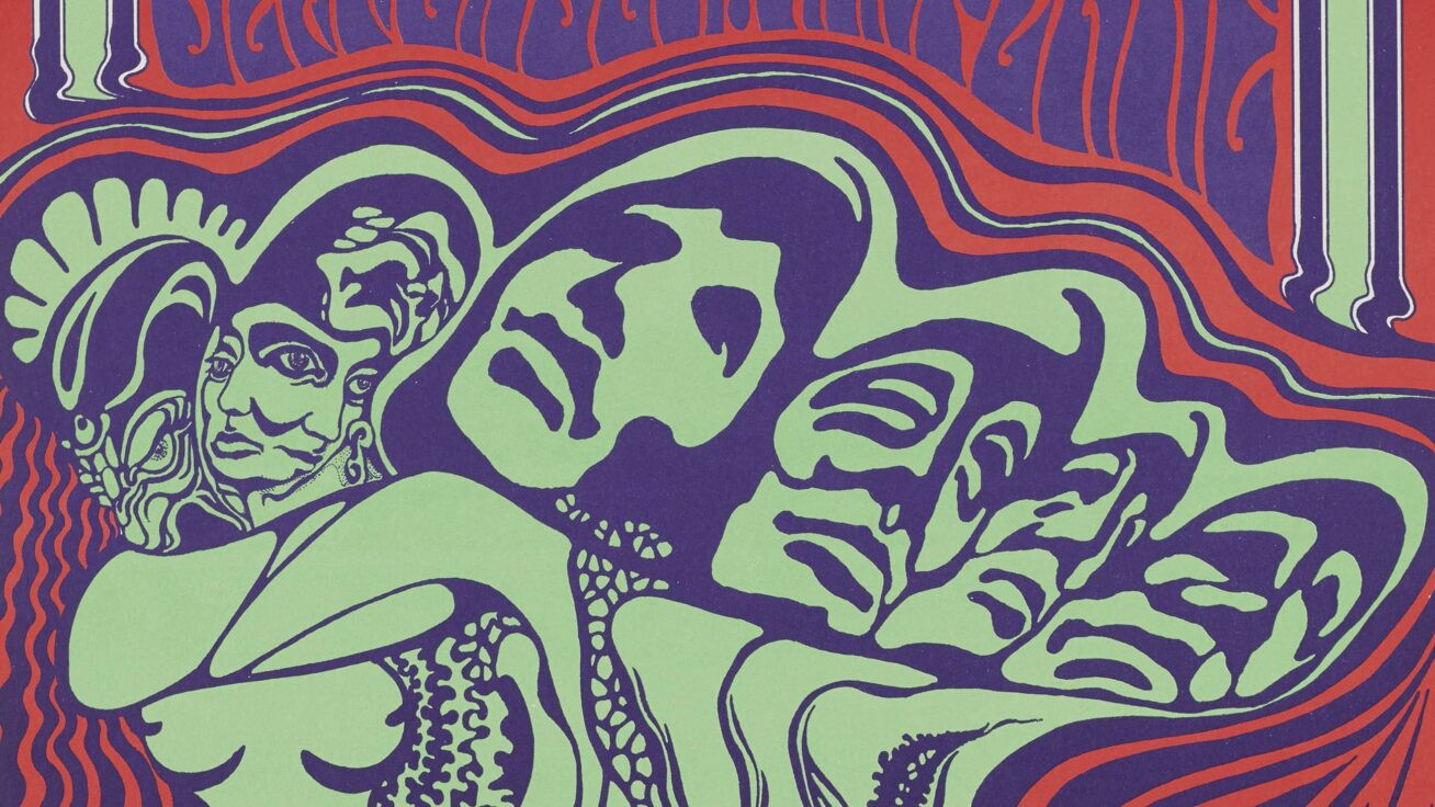 Wes Wilson's psychedelic poster for Jefferson Airplane concert, iconic of 1960s San Francisco rock music scene and poster art.