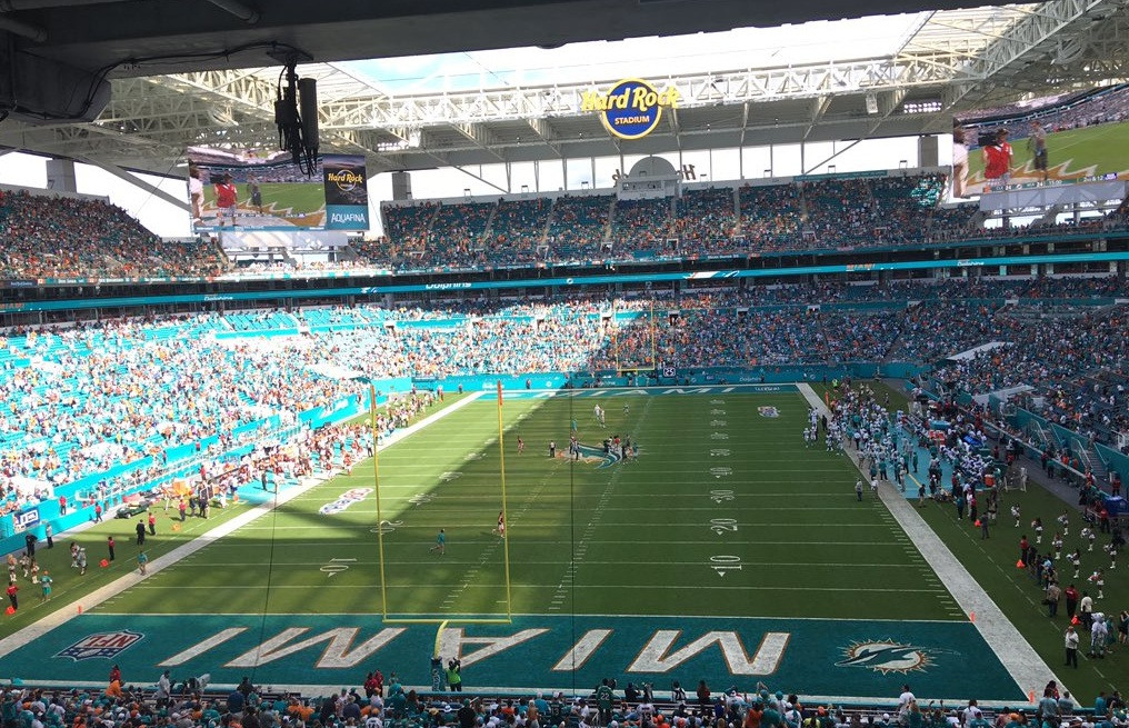 Aerial view of Hard Rock Stadium showcasing the open-air canopy and surrounding landscape