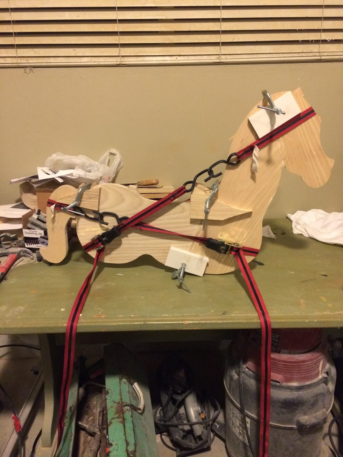 Rocking horse pattern transferred onto wood with traced outline ready for cutting
