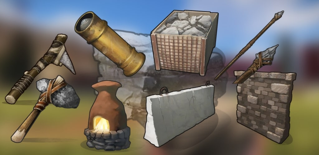 Stone items in Rust, including walls, tools, and weapons