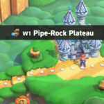 Super Mario Bros. Wonder Mario in front of the W1 Pipe-Rock Plateau Palace