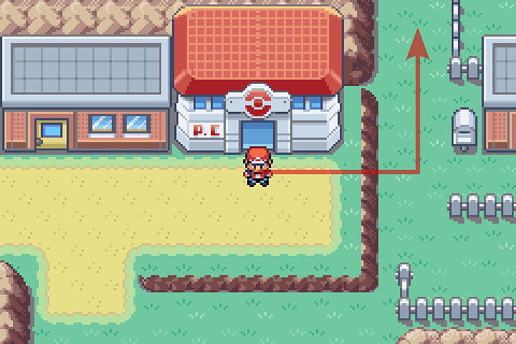 Standing outside of the Fuchsia City Pokémon Center ready to start the HM06 Rock Smash quest in Pokemon Radical Red