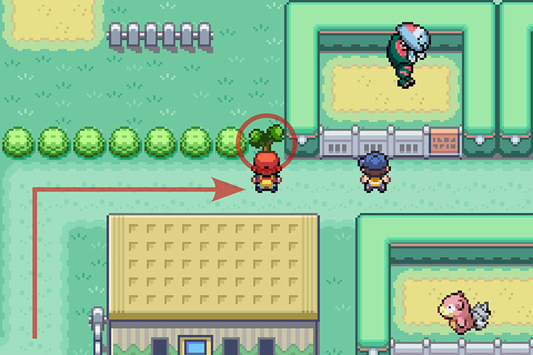 Using Cut on another tree behind a building with a brown roof for Rock Smash access in Pokemon Radical Red