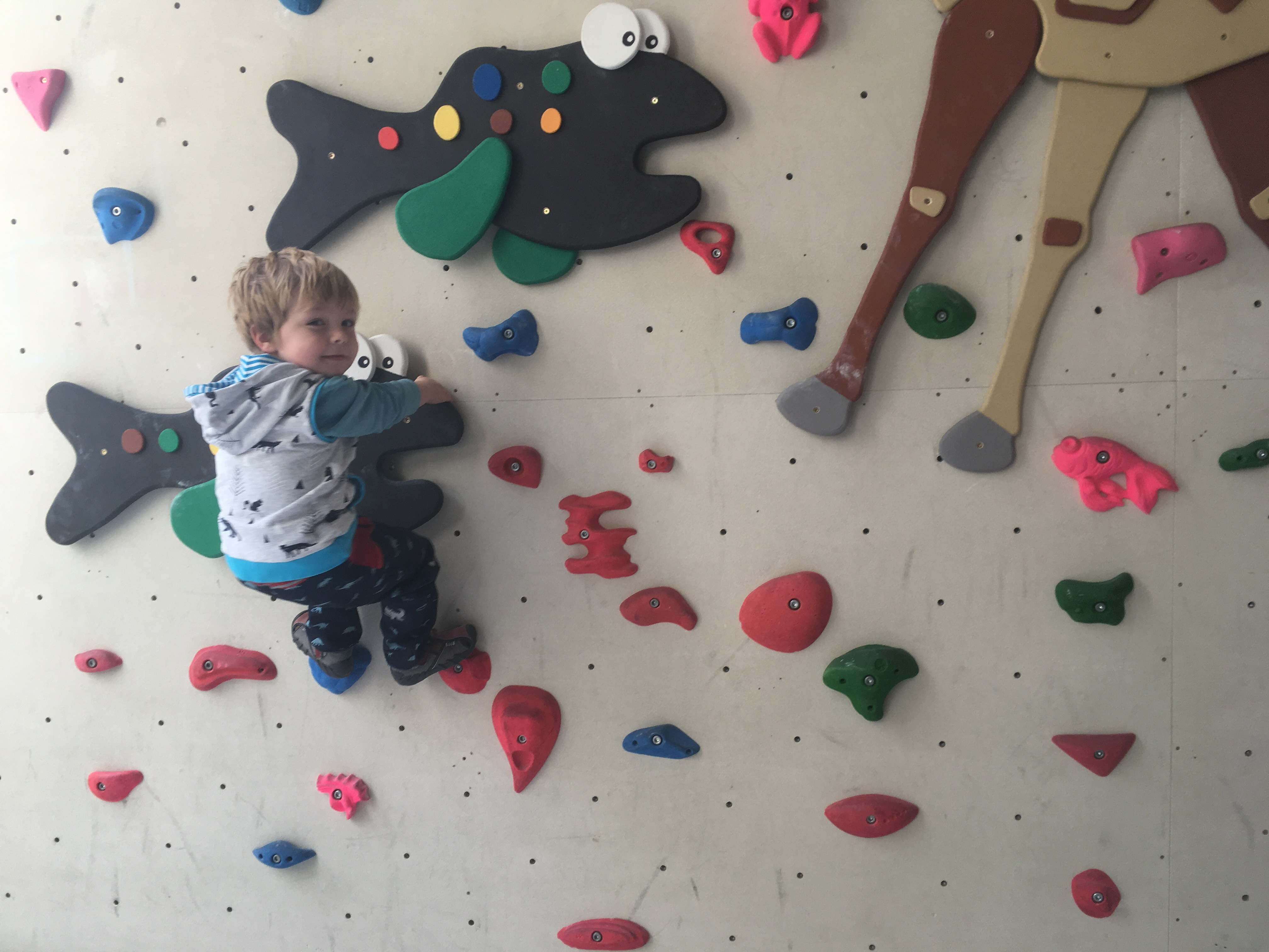 Child is enjoying the climbing, she is raising hands up and reaching next step