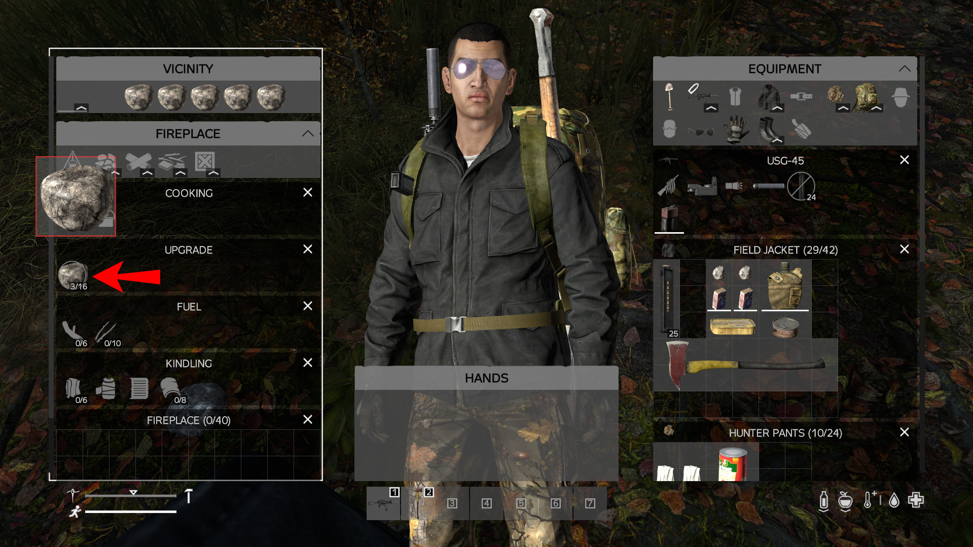 Adding stones to a fireplace to create a stone ring, enhancing its durability in DayZ