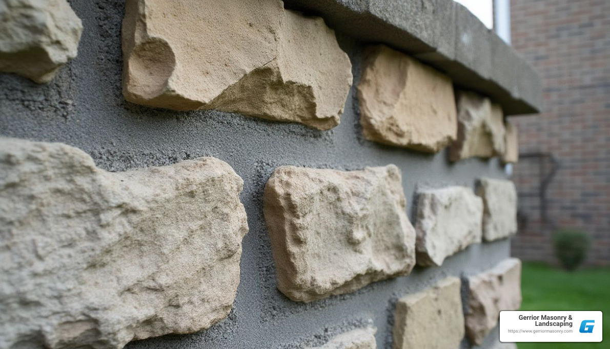 Applying mortar to the stone wall for repair, showcasing trowel technique