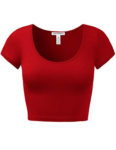 Red crop top and lace-up leather skirt rock concert outfit showing a cotton basic scoop neck crop top and a high-waisted faux leather skirt