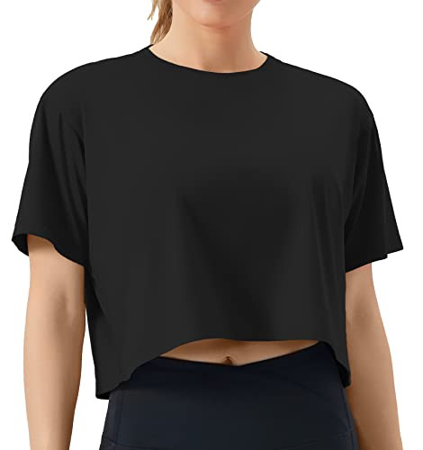 Super cropped black tee, sparkly top, mini denim skirt, and black boots rock concert outfit featuring a workout crop top, bling bikini, ripped denim skirt, and knee-high boots