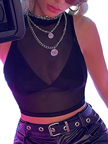 Mesh tank and cutout leather pants rock concert outfit featuring a mock neck sleeveless see-through top and lace-up PU leather pants