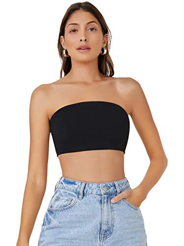 Black tube top and leather pants rock concert outfit idea showing a fitted crop tube top and faux leather pants