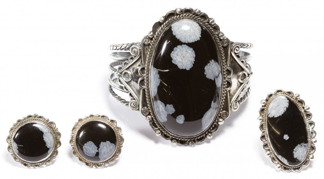 Sterling silver jewelry set featuring snowflake obsidian
