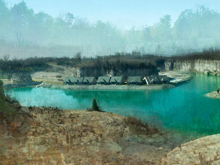 Aquamarine quarry with rocky surroundings