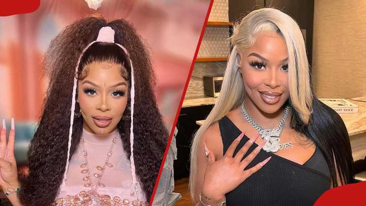Latifa Tesehki Malone posing for a photo with brown hair and a pink top and a blonde wig and a black top